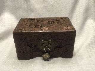 Vintage Hand Carved Detail Wood Trinket Box - Made In Hong Kong