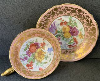 Paragon England Tea Cup & Saucer Pink Floral Extensive Gold Vintage