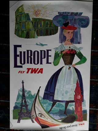 Vintage 1960s Europe Fly Twa Airline Travel Poster By David Klein 25x40