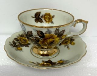 Antique Tea Cup And Saucer Porcelain Set Yellow Brown Rose Teacup
