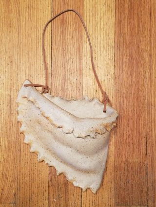 Vintage Ceramic Handmade (?) Hanging Wall Pocket Planter Leather Pouch Look