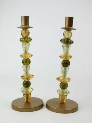 Set Of 2 Gold Colored Candle Stick Holders With Large Glass Beads For The Stem