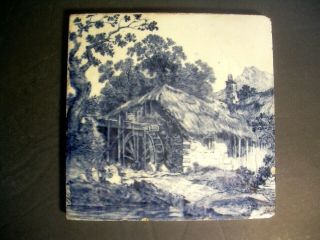 Antique Mintons China Stoke On Trent Blue Transferware Tile 6x6 Mill Scene