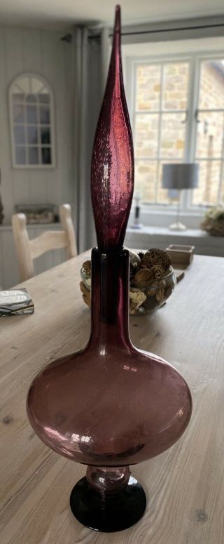 Large Amethyst Fluted Vintage Mcm Italian Empoli Genie Bottle Decanter Glass
