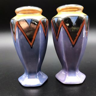 Vtg Art Deco Hand Painted Porcelain Orange Blue Lusterware Salt Pepper Shakers 2