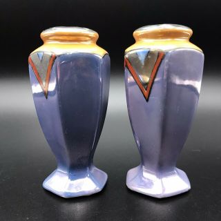 Vtg Art Deco Hand Painted Porcelain Orange Blue Lusterware Salt Pepper Shakers 3