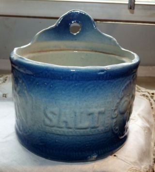 Blue & White Vintage Stoneware Salt Box Wall Mounted Crock