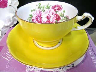 Adderley Tea Cup And Saucer Yellow & Pink Mums Floral Pattern Teacup 1940s