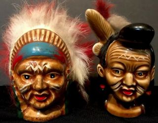 Vintage Japan Ceramic Native American Indian Head Salt /pepper Shakers Real Fur