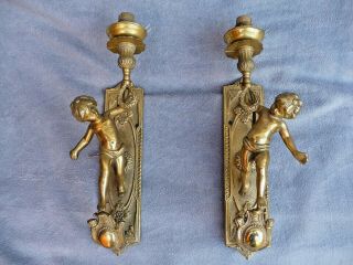 Vintage Pair Heavy Gilt Brass French Style Cherub Wall Lights Sconces Project