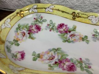 Antique Floral Gold Handpainted Tray Trinket Dish Vintage Large