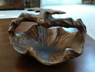 Vintage Hand Carved Burl Root Wood Bowl Twisted Handle With Eagle On Top