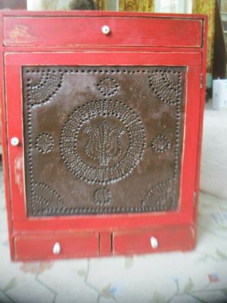 Vintage Small Punched Tin Primitive Pie Safe Single Door 3 Drawers
