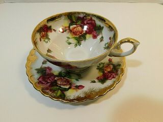 Royal Sealy Cabbage Red Roses Tea Cup & Saucer Brushed Gold Made In Japan