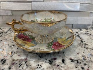 Vintage Sterling China Japan Lusterware Tea Cup & Saucer With Textured Flowers