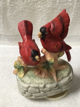Porcelain Music Box 2 Cardinals Red Birds On Branches And Rocks Plays Memories