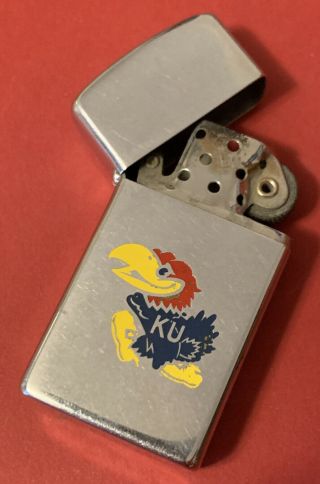 Vintage Kansas University Ku Jayhawk Slim Zippo Lighter Ks 1959 Earlyold College