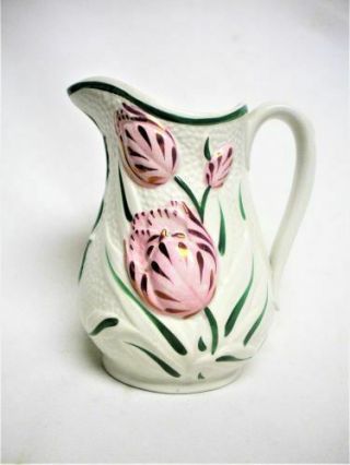 1860’s Staffordshire Pink Luster Polychrome Tulip Pitcher Relief Pottery Antique