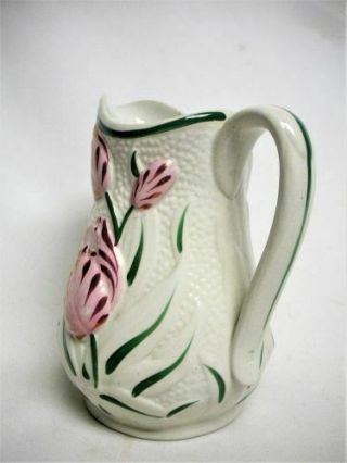 1860’s Staffordshire Pink Luster Polychrome Tulip Pitcher Relief Pottery Antique 3