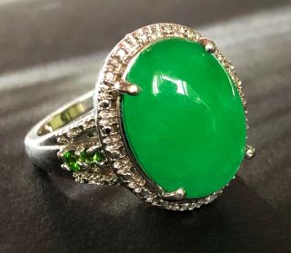 Vintage Chinese Imperial Green Jadeite Jade Emerald Diamond Sterling Silver Ring