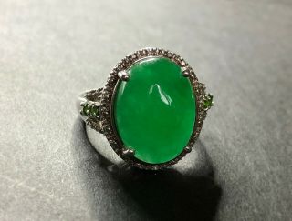 Vintage Chinese IMPERIAL GREEN JADEITE JADE EMERALD DIAMOND Sterling Silver Ring 2