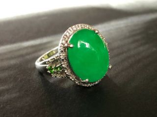 Vintage Chinese IMPERIAL GREEN JADEITE JADE EMERALD DIAMOND Sterling Silver Ring 3