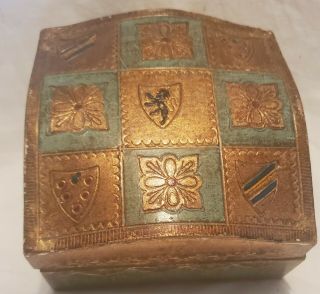 Vintage Coat Of Arms Wood Trinket Box Made In Italy Gilt Gold Florentine