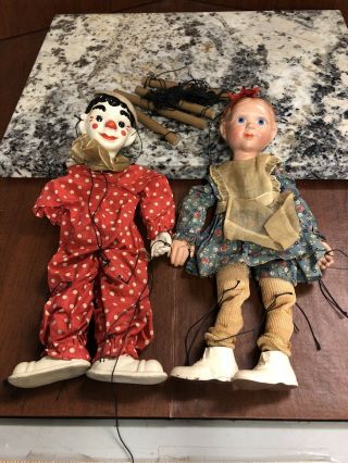 Set Of 2 Vintage 1930’s Marionettes V.  Austin Effanbee Emily Ann And Clown