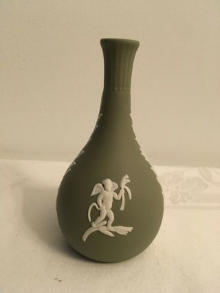 Vintage Wedgwood Green Jasperware Bud Vase Classical Figures Flower Swags