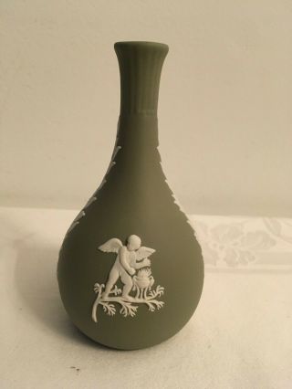 Vintage WEDGWOOD Green Jasperware Bud Vase Classical Figures Flower Swags 2