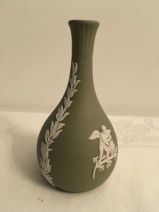 Vintage WEDGWOOD Green Jasperware Bud Vase Classical Figures Flower Swags 3