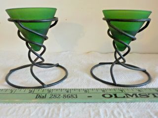 Vintage Two Frosted Green Cone Glass Votive Candle Holders With Iron Stands