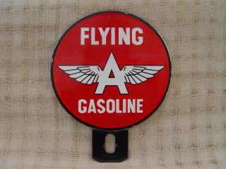Vintage Flying A Gasoline 2 Piece Lollipop Porcelain License Plate Topper Gas