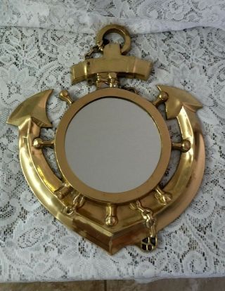 Vintage Heavy Polished Brass Nautical Wall Mirror Anchor Ships Wheel 12x10.  5 "