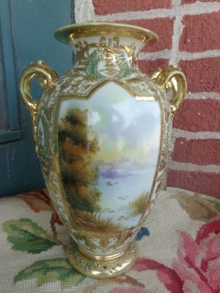 Vintage Hand Painted Lake Scene Beaded Heavy Gold Porcelain 2 Handle Nippon Vase