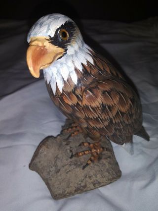 Hand Crafted Wood Carved Eagle Statue On Solid Wood Base Folk Art Hand Painted