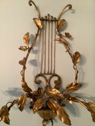 Vintage Italian Tole Gilt Gold Candle Wall Sconce Florentia Harp Back