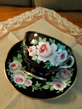 Vintage Bone China Tea Cup And Saucer Black,  Gold Pink Roses