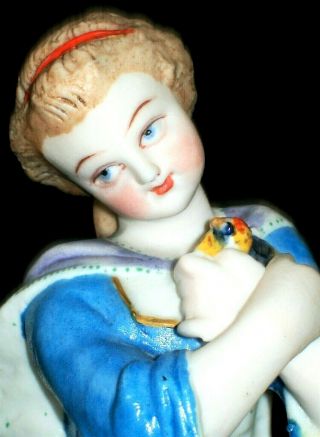 Antique French Paris Victorian Girl Doll With Bird Bisque Porcelain Figurine