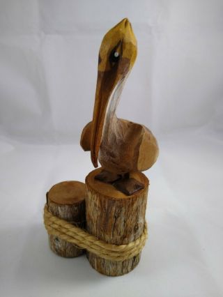 Vintage Hand Carved Wood Wooden Pelican Painted On Piling 8” Tall