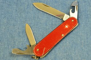 C1970s Rare Victorinox Cadet W/red Ribbed Alox Swiss Shield Swiss Army Knife Vtg