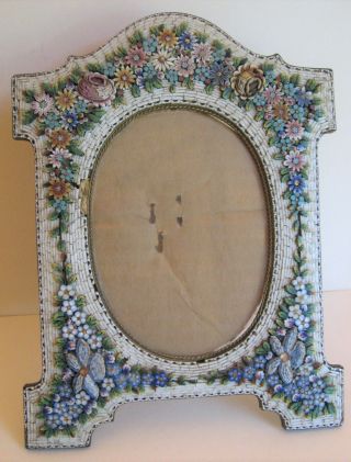 Vintage Micro Mosaic 9 " Picture Frame,  Daisies,  Roses,  Flowers