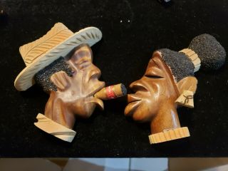 Vintage Cuban Blackamoor Carved Wood Man & Woman Plaques Pair