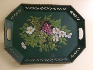 Vintage Green Hand Painted Metal Toleware Tray Fruit & Flowers