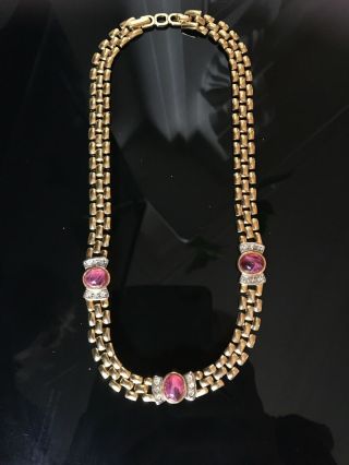 Christian Dior Vintage Necklace With Pink Cabochons And Diamanté Crystals