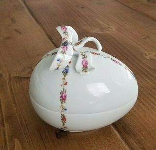 Limoges Chamart France Egg Shaped Porcelain Trinket Box Floral with Bow on Top 2