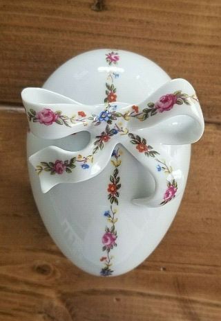Limoges Chamart France Egg Shaped Porcelain Trinket Box Floral with Bow on Top 3