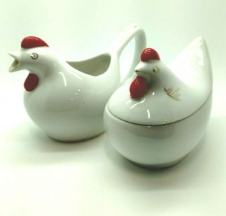 Vintage Porcelain Hen Chicken Sugar Bowl /creamer White W Gold Details Red Comb