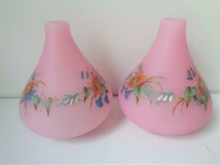 Antique Victorian Pink Opaque Glass Hand Painted Flower Bud Vases Candle Holders