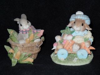 2 Enesco Blushing Bunnies - Sweet Basket Of Blessings & Abundance Of Blessings